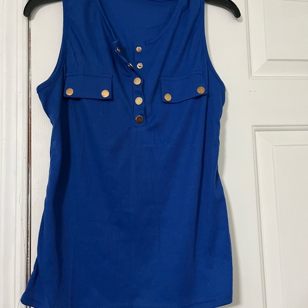 Blue Sleeveless Top with Button Accents